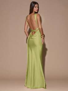 SHEIN BAE 性感简约纯色奶油黄深V领无袖露背系带连衣裙，适合派对、鸡尾酒会、正式场合、伴娘、生日、圣诞节、商务休闲等场合。 - 橄欖綠 - 查看 8