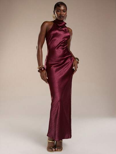 Normani Burgundy Satin Backless Dress, Elegant And Sexy, Suitable For Cocktail Party, Romantic Date, Autumn/Winter Layering, Party, Formal Gathering, Halloween, Christmas
