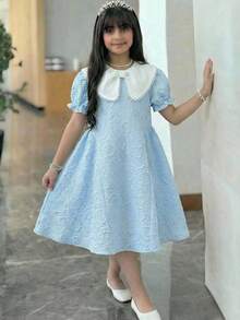 SHEIN Modisches, elegantes Kontrastfarben-Kragen-Kurzarmkleid für Tween-Mädchen - Babyblau - Übersicht 9