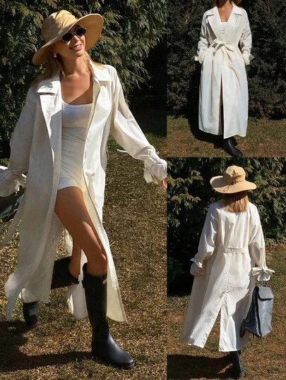 Livesso Women's Casual Mid-Length Jacket, Loose Fit Vacation Style, Suitable For Spring/Summer Outdoor, Office Wear, White Windbreaker