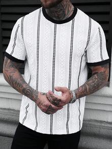 Manfinity Homme 男士条纹撞色蕾丝圆领休闲短袖T恤 - 彩色 - 查看 1