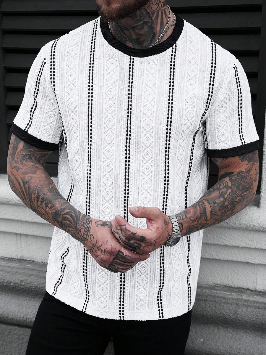 Manfinity Homme 男士条纹撞色蕾丝圆领休闲短袖T恤 - 彩色 - 查看 1