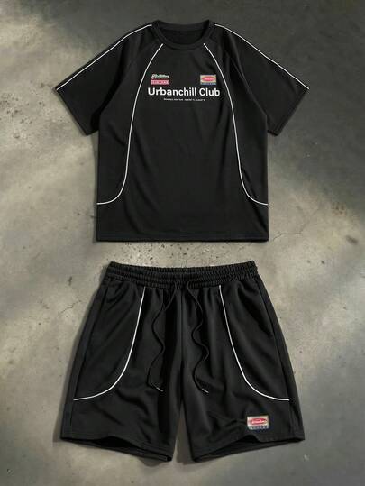 SWAVVY Men's Letter Print Short Sleeve T-Shirt And Drawstring Waist Shorts Casual Set