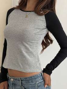 DAZY Camiseta casual de manga larga con cuello redondo y manga raglán, corta, ajustada, adecuada para salidas diarias - Gris - Ver 6