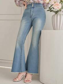 DAZY Women's Casual Washed Frayed Hem Flare Leg Jeans, Spring/Summer - Medium Wash - View 8