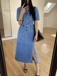 DAZY Đầm sơ mi denim nữ kiểu dáng thường ngày, chất liệu denim bạc màu, có túi giả và đường xẻ tà, thích hợp cho mùa hè. - Rửa trung bình - Xem 8