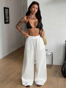 Coolane 女士夏季乡村音乐会外出海滩装扮波西米亚风简约水洗100%纯棉白色弧形裤脚裤 - 白色 - 查看 5