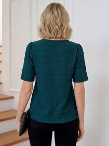 Miaspire 女士纯色V领褶皱衬衫，适合夏季、度假、外出休闲穿着，春夏皆宜 - 墨綠色 - 查看 2