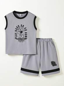 SHEIN Casuvi Kids 2pcs/Set Boys Casual Sports Daily Loose Letter Print Round Neck Short Sleeve T-Shirt And Elastic Waist Loose Letter Print Shorts Set, Summer Basketball Outfit For Boys Boy Sleeveless Sets Boys Tank And Shorts Set Boys Athletic Set Boys 2 Pieces Set Gym Outfit For Kids Boy Kids Outfit Set Boy Summer Sets - Grey - View 2