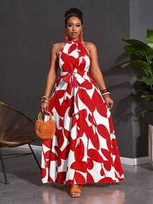 Slaydiva 2026 Spring/Summer Plus Size Women's Geometric Print Halter Neck Dress Wrap Around Dresses For Ladies Women's Talk Dress Women's Wrap Dress Wow Dress - Red - View 2