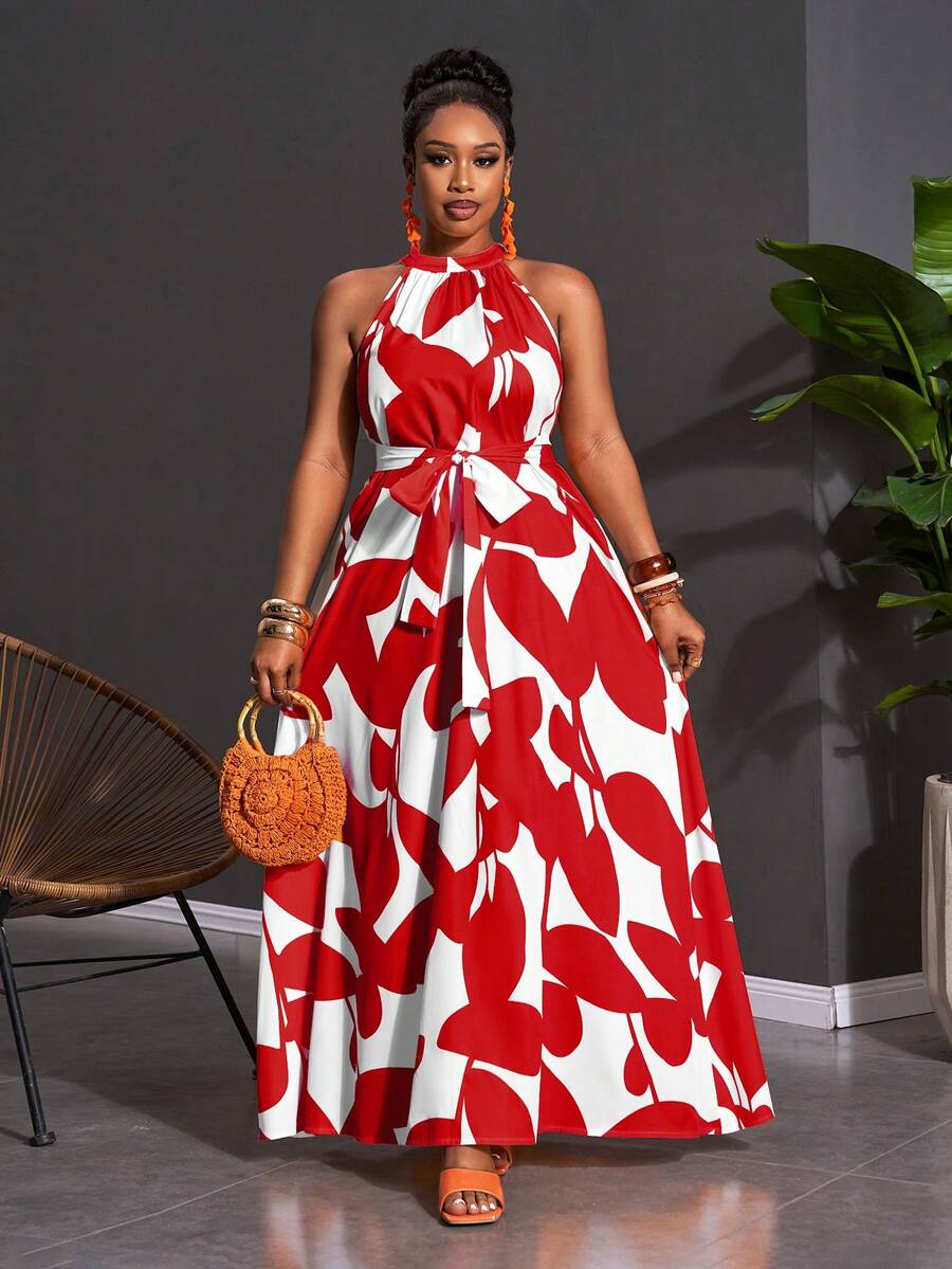 Slaydiva 2026 Spring/Summer Plus Size Women's Geometric Print Halter Neck Dress Wrap Around Dresses For Ladies Women's Talk Dress Women's Wrap Dress Wow Dress