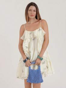 Đầm ngắn nữ màu mơ thêu bèo nhún, đầm hai dây không tay, đầm đi nghỉ mát. - Màu be - Xem 5