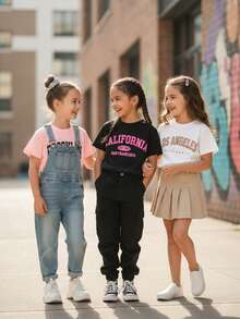 Set de 3 camisetas de manga corta con cuello redondo y estampado casual para niñas y estudiantes adolescentes, verano - Albaricoque - Ver 3