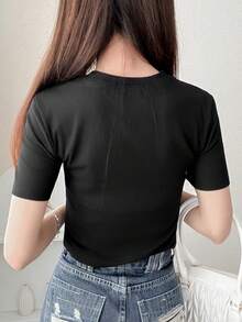 FRIFUL Women's Round Neck Hollow-Out Metal Decor Contrast Fabric Lace Splice Solid Color Sweet Short Sleeve T-Shirt For Summer - Black - View 6