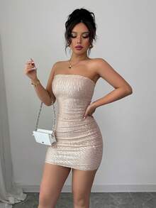 Rafferiza Petite Sexy Sequin Strapless Mini Dress, Fitted Silhouette, Suitable For Party, Daily Wear, Date Women Dresses Champagne Sexy Birthday Dress Slay Diva Dress Rose Gold Dress Women Tube Top Dresses - Apricot - View 5