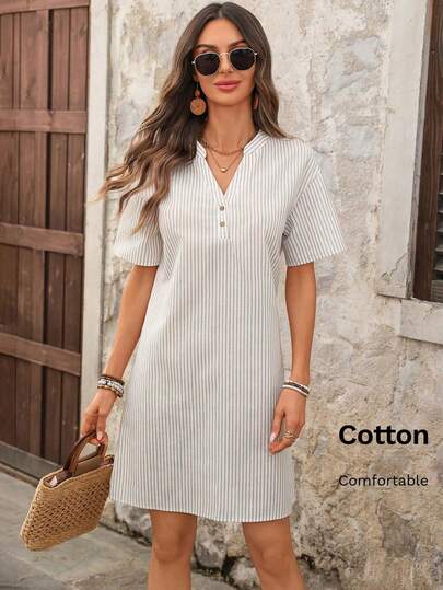 EMERY ROSE 女士休闲条纹印花V领短款连衣裙，夏季