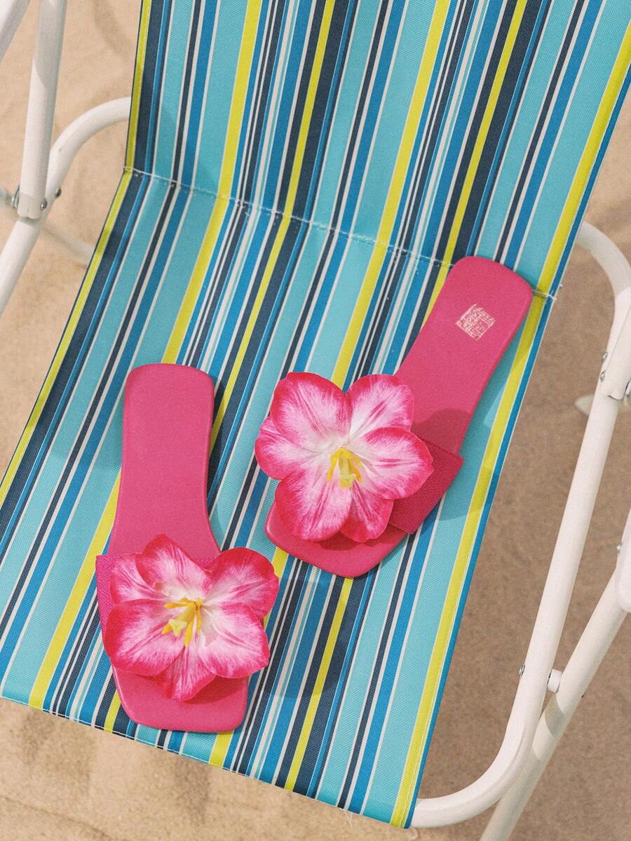 Swim Mod Sandalias planas con estampado floral y correa estilo francés para mujeres, nuevas zapatillas de verano para uso en exteriores, apropiadas para citas, compras, fiestas, playa, hogar y ocio - Rosa Fucsia - Ver 1