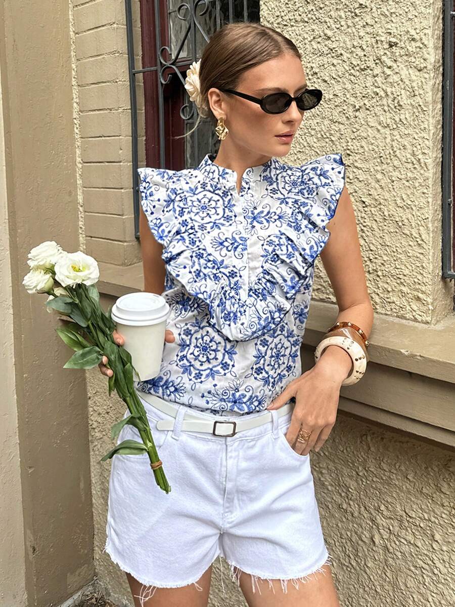 Serisse 女士夏季休闲花卉刺绣荷叶边下摆衬衫 - 藍白色 - 查看 1