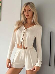 DAZY Conjunto de pijama de mujer con nudo delantero y volantes de punto jacquard, primavera/verano - Beis - Ver 6