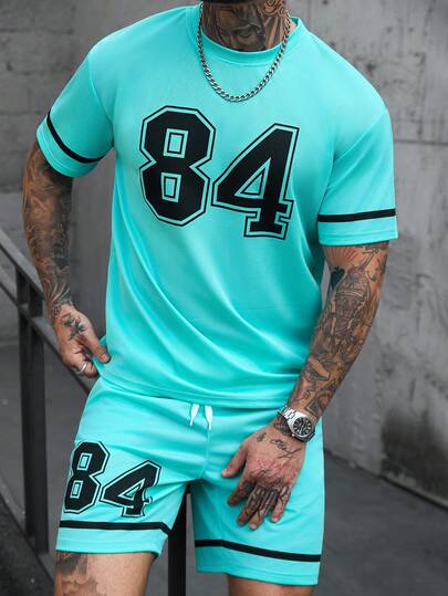 Manfinity CasualCool Men's Mint Blue Breathable Mesh Letter Print Short Sleeve Sports Set, Spring/Summer
