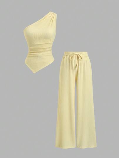 Sweetra Women's Solid Color Pleated Asymmetric Hem Top And Pants 2 Pieces Set, Spring/Summer