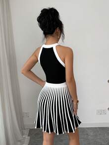 Selianne Elegant Black & White Striped Off-Shoulder A-Line Sleeveless Halter Knit Dress, Spring/Summer - Black and White - View 2