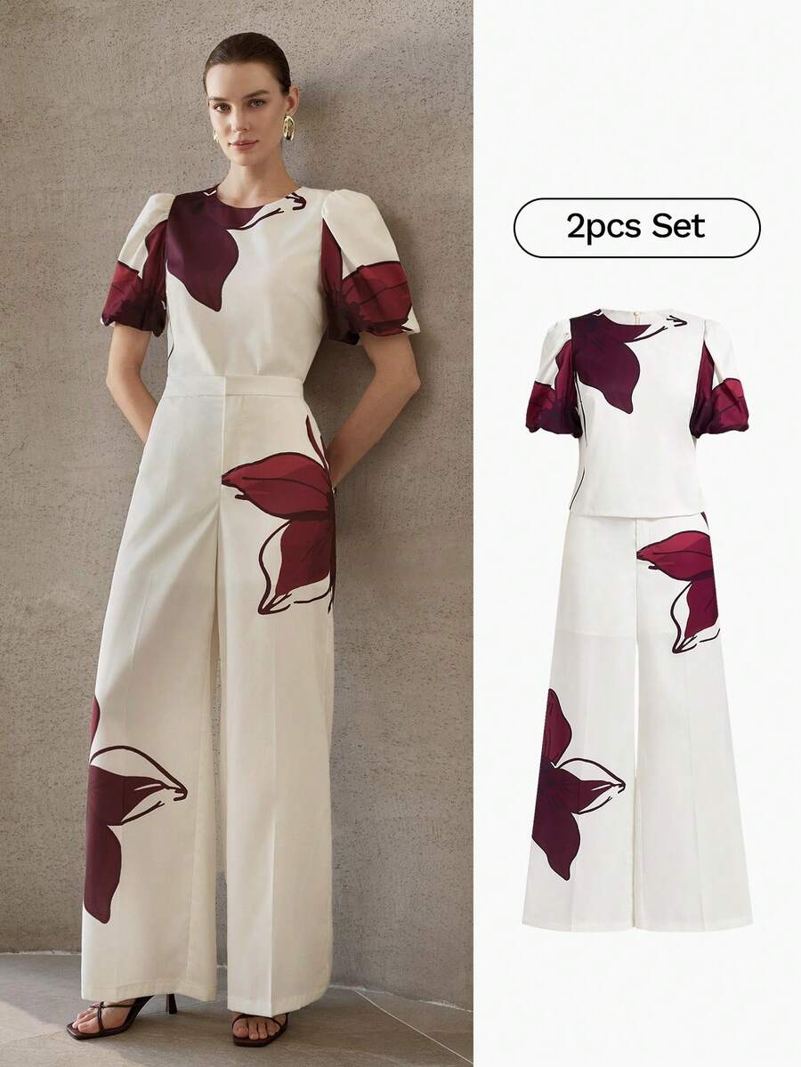 MOTF PREMIUM WOMEN ASYMMETRIC FLORAL PRINT SHORT SLEEVE TOP AND PANTS 2 PIECES SET - Apricot - View 1