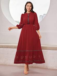 Mulvari Women's Embroidered Round Neck Lantern Sleeve Elegant Dress - Burgundy - View 9