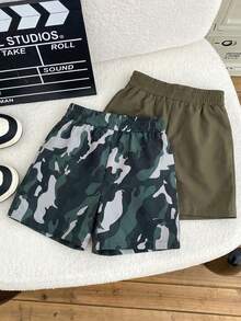 SHEIN Bộ 2 quần short rằn ri nam kiểu dáng thường ngày, chất liệu mềm mại, thoải mái, đa năng cho mặc hàng ngày, đi học, dã ngoại, thể thao, phù hợp cho mùa xuân, hè và thu. - xanh quân đội - Xem 2