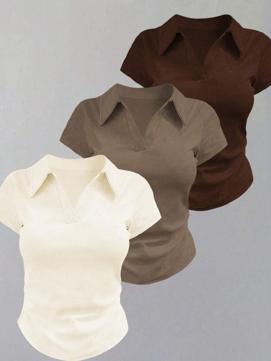SHEIN LUNE 女士纯色 Polo 领短袖休闲百搭 T 恤 - 彩色 - 查看 1