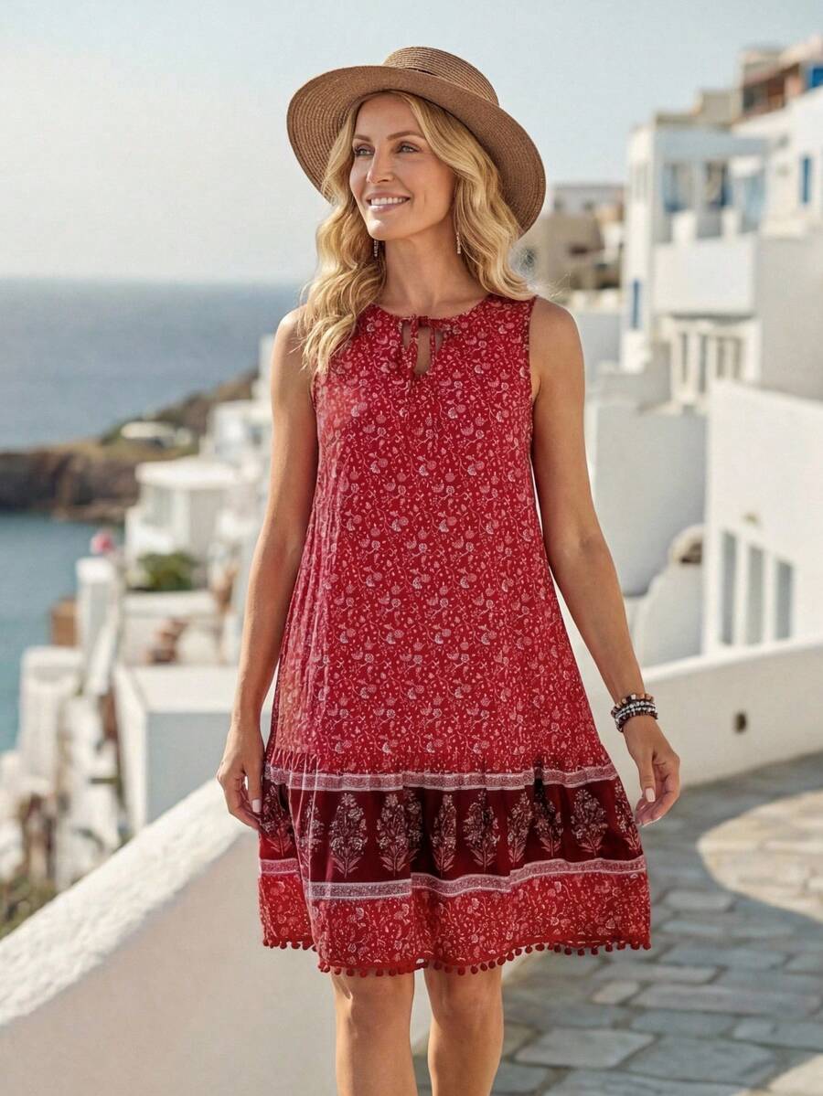 Faunlyn 假日印花拼接無袖連身裙，配流蘇下擺 - 彩色 - 查看 1