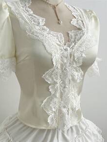 Elamini Elegant Women's Blouse With Bow Tie Lace Puff Sleeves - White - View 6