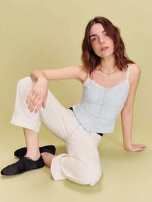 lacRébo Blue Textured Cami Top With White Floral Straps And Trim Spring Summer French Style Parisian Style Cute Vintage Top Vacation Top - Baby Blue - View 1