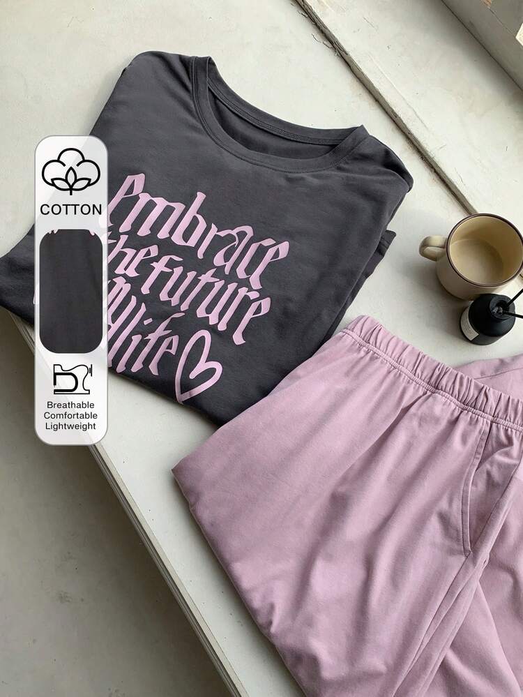 Dazy Plus Plus Size Women Letter Print Casual Pajama Set, Short Sleeve Top And Loose Pants, Spring/Summer