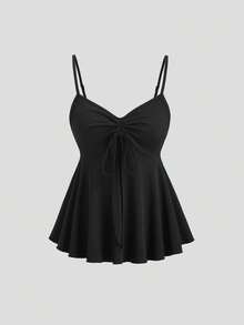 Sweetra Y2K Sexy Cute Avant-Garde Daring Retro Romantic Pure Chic College Vacation Casual Date Street Party Home Street Music Festival V-Neck Drawstring Tie Bow Sleeveless Ruched Black Camisole Top, Spring/Summer/Autumn - Black - View 1