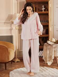 PalaceNights Bộ đồ ngủ nữ rộng rãi, thoải mái, thêu hoa cổ bèo kiểu cổ điển lãng mạn gồm áo khoác cardigan và bộ đồ ngủ. - Màu Hồng baby - Xem 3