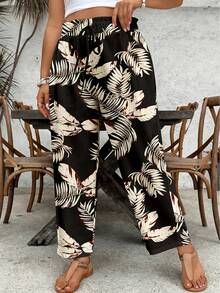 SHEIN VCAY Plus Size Women Tropical Leaf Print Pants - Multicolor - View 6