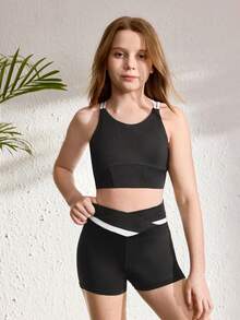 少女运动套装，少女服装，无袖黑白交叉短裤，时尚休闲运动服，适合户外长途运动 - 黑色 - 查看 4