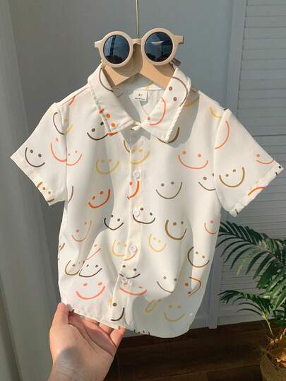 SHEIN 1pc Young Boys Shirts Boys' Casual School Uniform Style Comfortable, Fashionable, Simple, Practical, Versatile, Soft, Comfortable, Cute Patterned Short-Sleeved Shirt Suitable For Spring And Summer