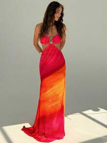 Aloruh 女士扎染印花金属装饰镂空连衣裙，适合度假、夏季穿着，是夏季沙滩装、波西米亚热带风情度假女装、碎花连衣裙、性感夏季装扮、沙滩装扮和夏季时尚女装的理想之选。 - 淡黃色 - 查看 8