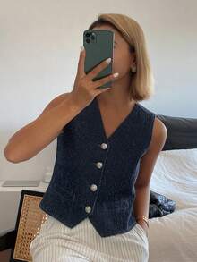 Livesso Women's V-Neck Single-Breasted Casual Denim Vest - Medium Wash - View 7