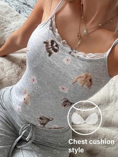 Livesso Débardeur mignon à imprimé animal, avec patchwork en dentelle et soutien-gorge matelassé intégré pour femmes