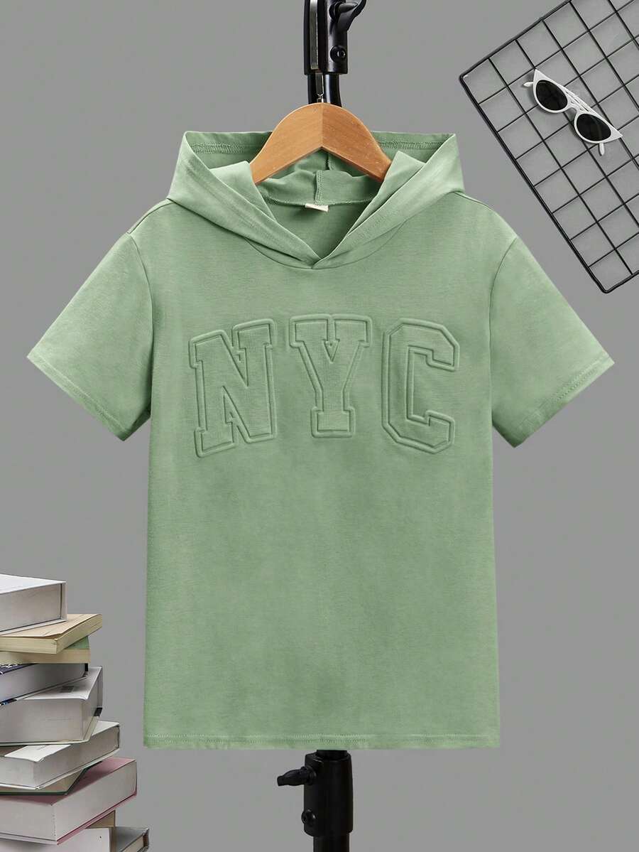SHEIN Tween Boy Letter Embossed Knit Crew Neck Short Sleeve Casual T-Shirt,Kids - Mint Green - View 1