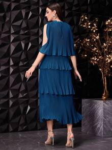Modelyn Women Summer Solid Color Cape Sleeve Dress With Mushroom Collar Multi-Layer Ruffled Hemline Elegant Mature Design Evening Wedding Dinner - Blue - View 2