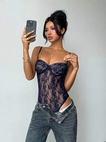 Aloruh 女士蝴蝶结装饰花卉蕾丝性感吊带连体衣 - 藏蓝色 - 查看 6