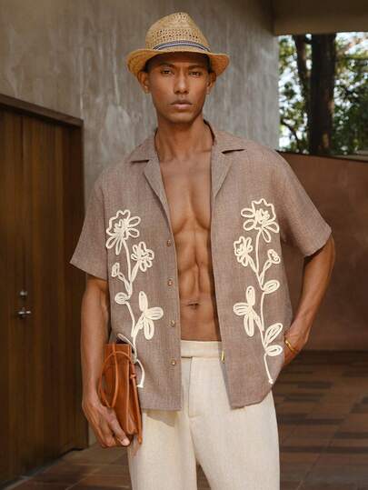 AKNOTIC Business Casual Men's Brown Woven Floral Embroidered Casual Loose Short Sleeve Polo Shirt, Suitable For Summer, Vacation, Daily Wear, Party, Couple Matching, Men's Gift