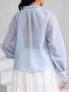 Modelyn Áo kiểu nữ dáng rộng, cổ bèo nhún, tay phồng, thích hợp cho mùa xuân/hè. - Màu xanh lam - Xem 5