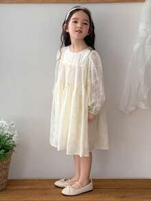 DAZY Đầm mùa hè dễ thương cho bé gái, cổ tròn, tay phồng, thêu họa tiết. - Màu be - Xem 6