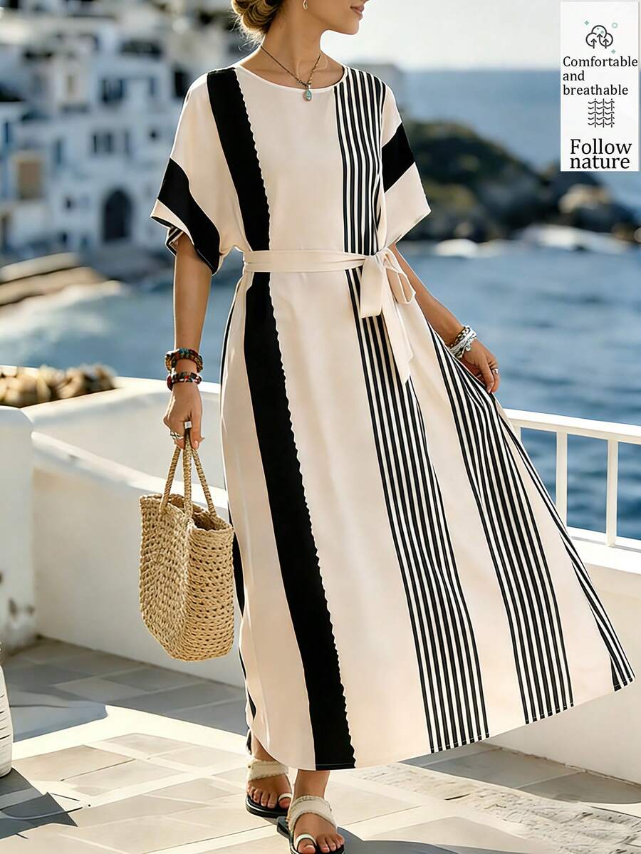 Breezaya 优雅圆领H字肩条纹收腰中长连衣裙，时尚优雅，适合春夏穿着。 - 杏色 - 查看 1