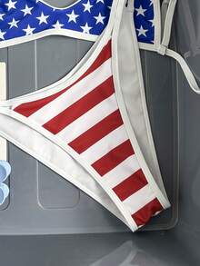 Swim Vcay 2026 New Women's Summer Beach Vacation American Flag Independence Day Print Backless Spaghetti Strap Minimalist Sexy High Cut Swimwear Set - Multicolor - View 5